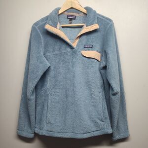Patagonia Re-Tool Snap-T Pullover Sweater Women Size L Blue Tan High Neck Fleece